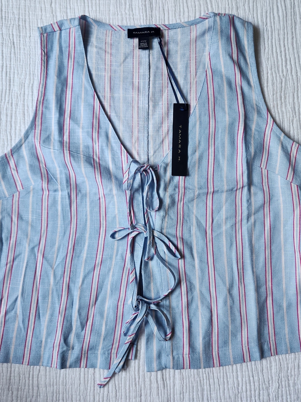 Tamara M. Light Blue Striped Tie-Front Tank